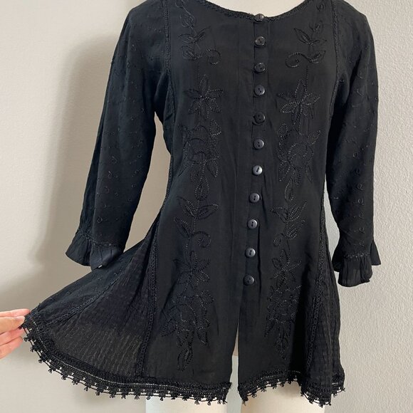Scully Womens Small Black Embroidered Button Up Blouse 3/4 Sleeve Shirt Tie Back - Picture 2 of 9